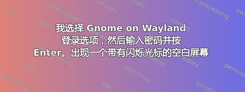 我选择 Gnome on Wayland 登录选项，然后输入密码并按 Enter。出现一个带有闪烁光标的空白屏幕