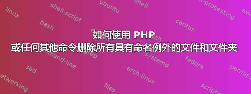 如何使用 PHP 或任何其他命令删除所有具有命名例外的文件和文件夹