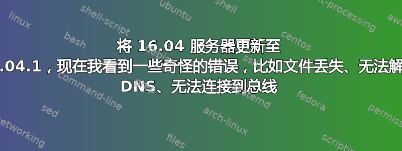 将 16.04 服务器更新至 18.04.1，现在我看到一些奇怪的错误，比如文件丢失、无法解析 DNS、无法连接到总线