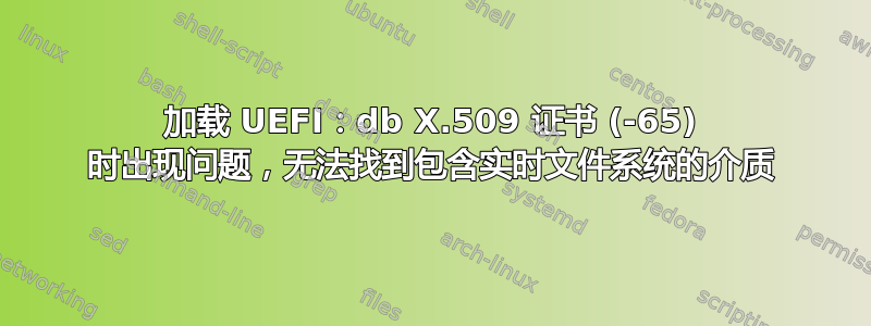 加载 UEFI：db X.509 证书 (-65) 时出现问题，无法找到包含实时文件系统的介质