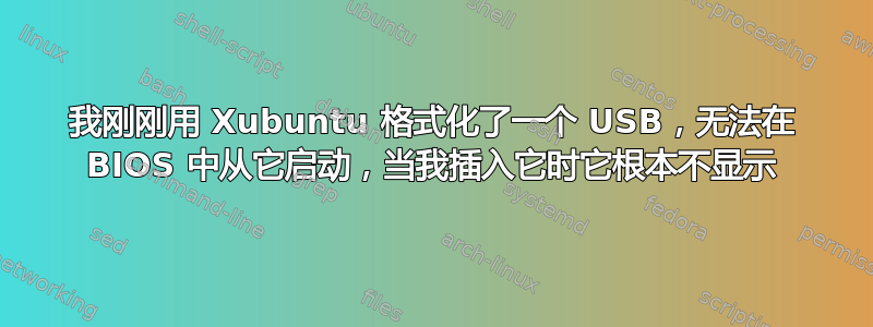 我刚刚用 Xubuntu 格式化了一个 USB，无法在 BIOS 中从它启动，当我插入它时它根本不显示