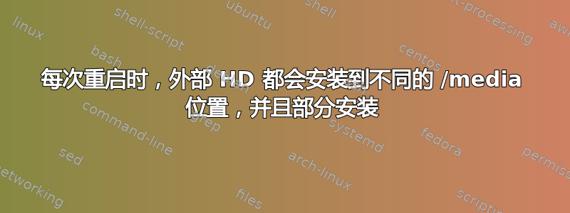 每次重启时，外部 HD 都会安装到不同的 /media 位置，并且部分安装