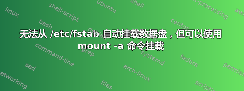 无法从 /etc/fstab 自动挂载数据盘，但可以使用 mount -a 命令挂载