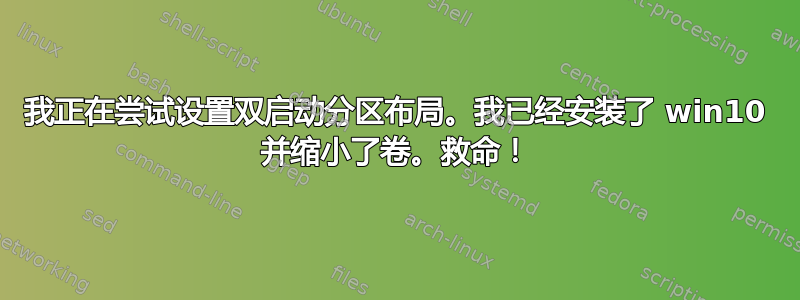 我正在尝试设置双启动分区布局。我已经安装了 win10 并缩小了卷。救命！