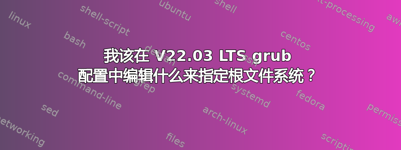 我该在 V22.03 LTS grub 配置中编辑什么来指定根文件系统？