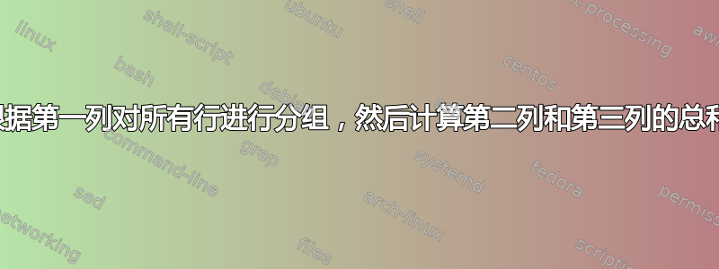 根据第一列对所有行进行分组，然后计算第二列和第三列的总和