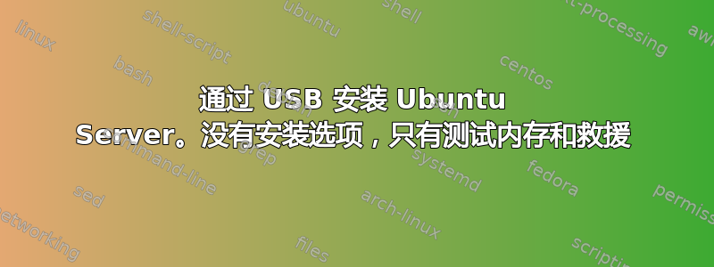 通过 USB 安装 Ubuntu Server。没有安装选项，只有测试内存和救援