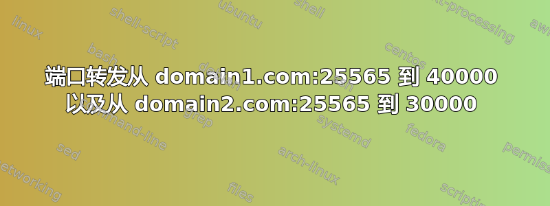 端口转发从 domain1.com:25565 到 40000 以及从 domain2.com:25565 到 30000