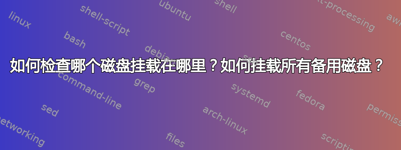 如何检查哪个磁盘挂载在哪里？如何挂载所有备用磁盘？