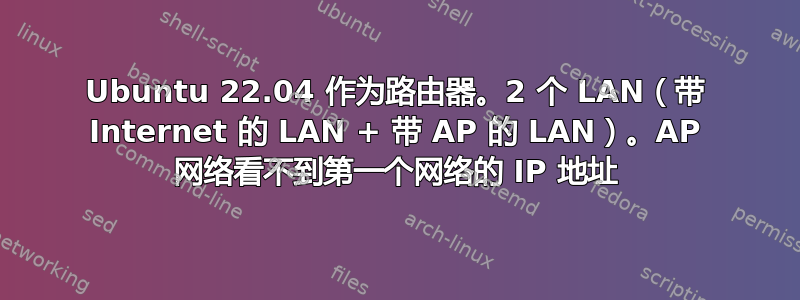 Ubuntu 22.04 作为路由器。2 个 LAN（带 Internet 的 LAN + 带 AP 的 LAN）。AP 网络看不到第一个网络的 IP 地址