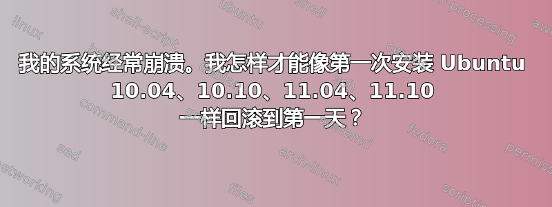 我的系统经常崩溃。我怎样才能像第一次安装 Ubuntu 10.04、10.10、11.04、11.10 一样回滚到第一天？