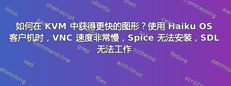 如何在 KVM 中获得更快的图形？使用 Haiku OS 客户机时，VNC 速度非常慢，Spice 无法安装，SDL 无法工作