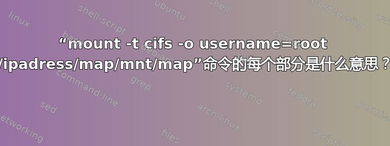 “mount -t cifs -o username=root //ipadress/map/mnt/map”命令的每个部分是什么意思？ 