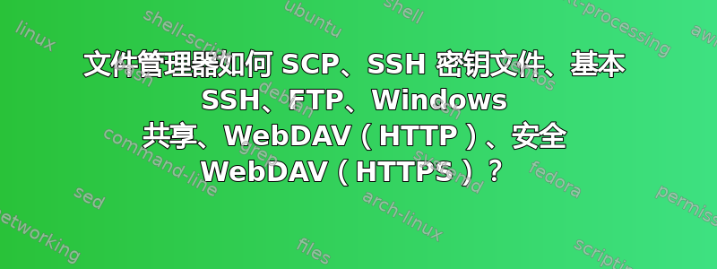 文件管理器如何 SCP、SSH 密钥文件、基本 SSH、FTP、Windows 共享、WebDAV（HTTP）、安全 WebDAV（HTTPS）？