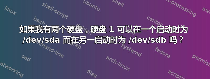 如果我有两个硬盘，硬盘 1 可以在一个启动时为 /dev/sda 而在另一启动时为 /dev/sdb 吗？