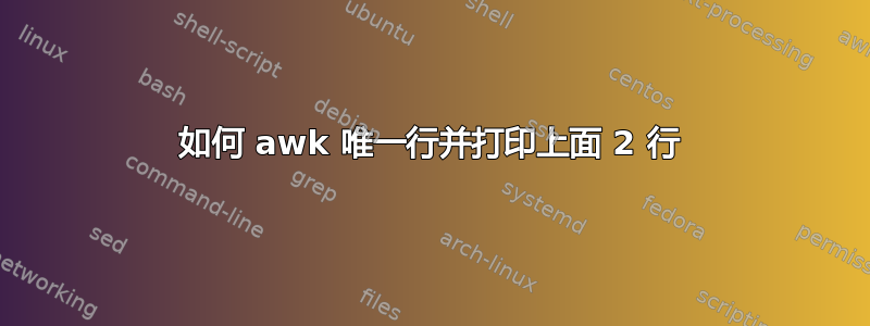 如何 awk 唯一行并打印上面 2 行