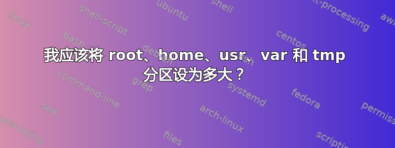 我应该将 root、home、usr、var 和 tmp 分区设为多大？