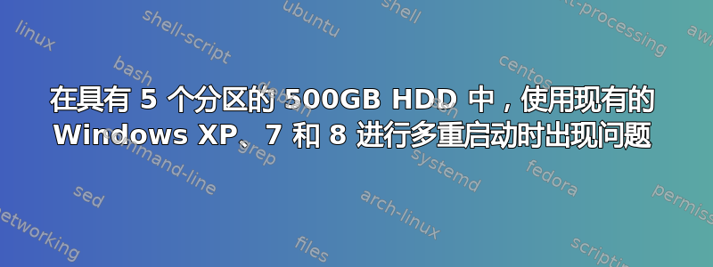 在具有 5 个分区的 500GB HDD 中，使用现有的 Windows XP、7 和 8 进行多重启动时出现问题