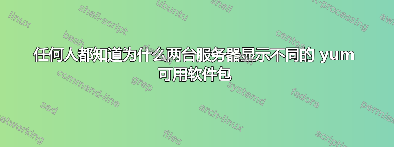 任何人都知道为什么两台服务器显示不同的 yum 可用软件包