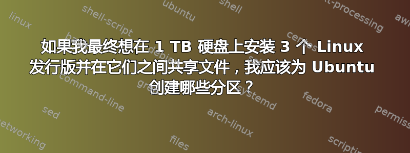 如果我最终想在 1 TB 硬盘上安装 3 个 Linux 发行版并在它们之间共享文件，我应该为 Ubuntu 创建哪些分区？