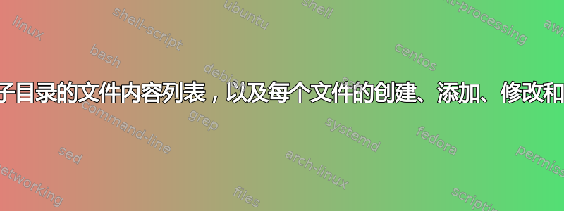 如何创建目录和子目录的文件内容列表，以及每个文件的创建、添加、修改和上次打开时间？