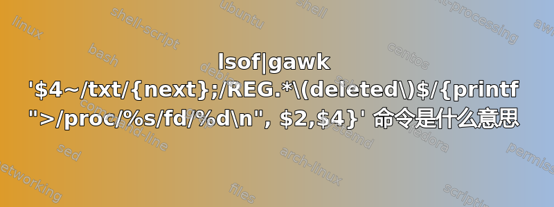 lsof|gawk '$4~/txt/{next};/REG.*\(deleted\)$/{printf ">/proc/%s/fd/%d\n", $2,$4}' 命令是什么意思