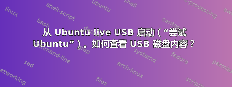 从 Ubuntu live USB 启动（“尝试 Ubuntu”）。如何查看 USB 磁盘内容？