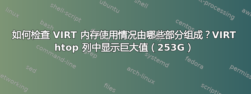 如何检查 VIRT 内存使用情况由哪些部分组成？VIRT htop 列中显示巨大值（253G）