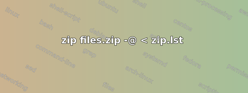 zip files.zip -@ < zip.lst