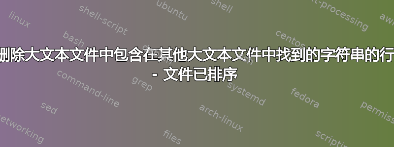 删除大文本文件中包含在其他大文本文件中找到的字符串的行 - 文件已排序