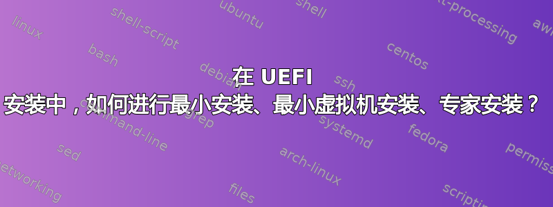 在 UEFI 安装中，如何进行最小安装、最小虚拟机安装、专家安装？