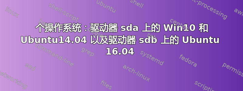 3 个操作系统：驱动器 sda 上的 Win10 和 Ubuntu14.04 以及驱动器 sdb 上的 Ubuntu 16.04