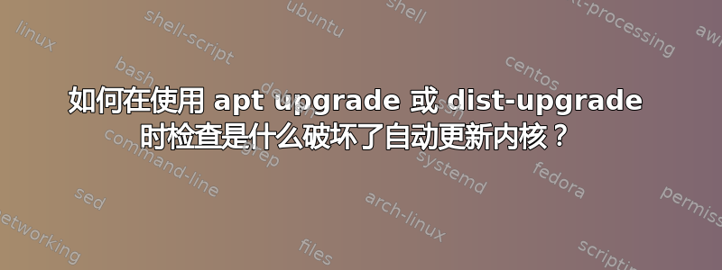 如何在使用 apt upgrade 或 dist-upgrade 时检查是什么破坏了自动更新内核？