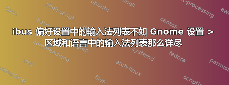 ibus 偏好设置中的输入法列表不如 Gnome 设置 > 区域和语言中的输入法列表那么详尽