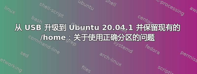 从 USB 升级到 Ubuntu 20.04.1 并保留现有的 /home：关于使用正确分区的问题