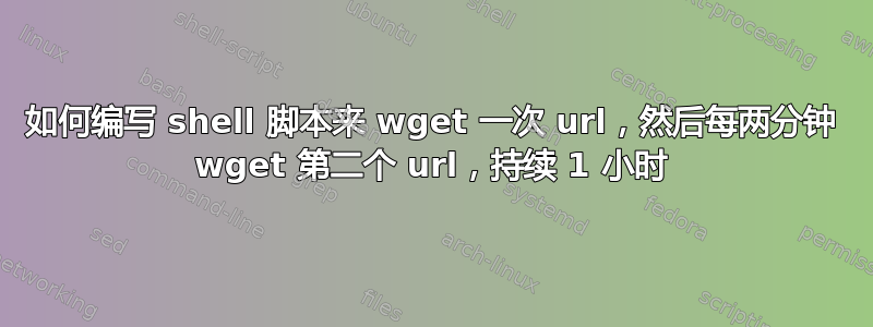 如何编写 shell 脚本来 wget 一次 url，然后每两分钟 wget 第二个 url，持续 1 小时