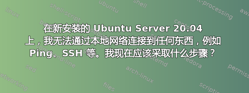 在新安装的 Ubuntu Server 20.04 上，我无法通过本地网络连接到任何东西，例如 Ping、SSH 等。我现在应该采取什么步骤？