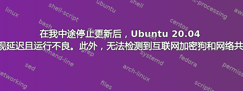 在我中途停止更新后，Ubuntu 20.04 出现延迟且运行不良。此外，无法检测到互联网加密狗和网络共享