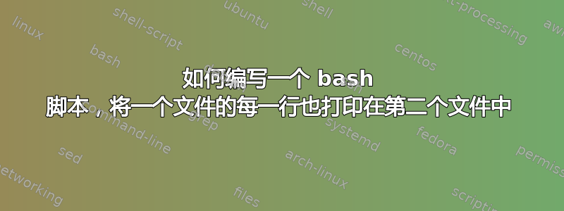 如何编写一个 bash 脚本，将一个文件的每一行也打印在第二个文件中