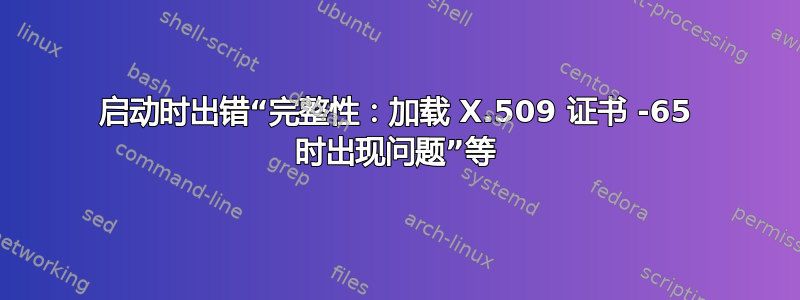 启动时出错“完整性：加载 X.509 证书 -65 时出现问题”等