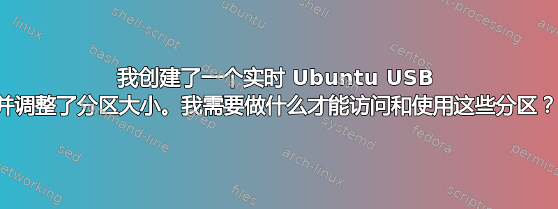 我创建了一个实时 Ubuntu USB 并调整了分区大小。我需要做什么才能访问和使用这些分区？