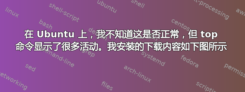 在 Ubuntu 上，我不知道这是否正常，但 top 命令显示了很多活动。我安装的下载内容如下图所示