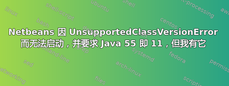 Netbeans 因 UnsupportedClassVersionError 而无法启动，并要求 Java 55 即 11，但我有它