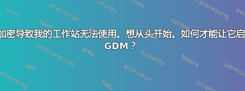 全盘加密导致我的工作站无法使用。想从头开始。如何才能让它启动到 GDM？