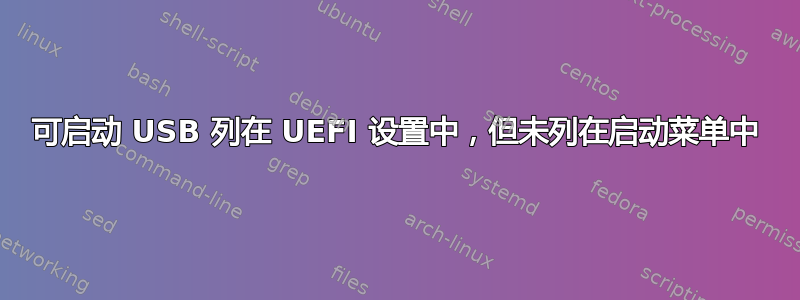 可启动 USB 列在 UEFI 设置中，但未列在启动菜单中