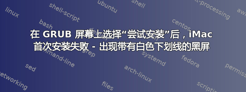 在 GRUB 屏幕上选择“尝试安装”后，iMac 首次安装失败 - 出现带有白色下划线的黑屏