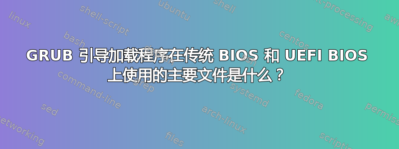 GRUB 引导加载程序在传统 BIOS 和 UEFI BIOS 上使用的主要文件是什么？