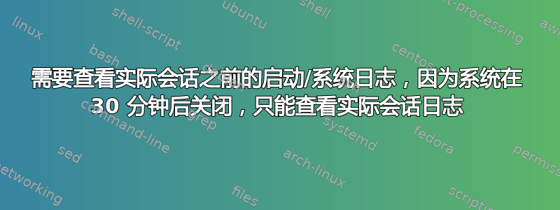 需要查看实际会话之前的启动/系统日志，因为系统在 30 分钟后关闭，只能查看实际会话日志