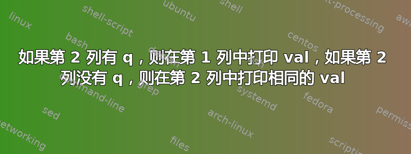 如果第 2 列有 q，则在第 1 列中打印 val，如果第 2 列没有 q，则在第 2 列中打印相同的 val