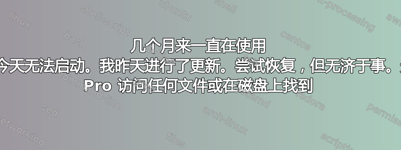 几个月来一直在使用 Pro。今天无法启动。我昨天进行了更新。尝试恢复，但无济于事。无法从 Pro 访问任何文件或在磁盘上找到